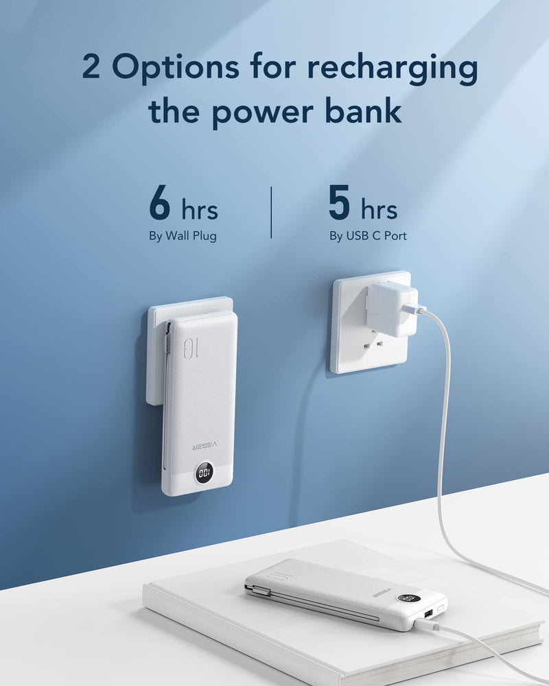 [Australia - AusPower] - VEGER Portable Charger for iPhone Built in Cables and Wall Plug, 10000mah Slim Fast Charging USB C Power Bank, Travel Essential Battery Pack Compatible with iPhones, iPad, Samsung, and More(White) B White 