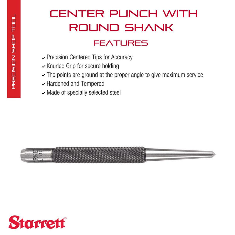 [Australia - AusPower] - Starrett 117C Round Shank Centre Punch, 4" Length, 1/8" Tapered Tip Diameter 3 mm Dia x 100 mm L Single 