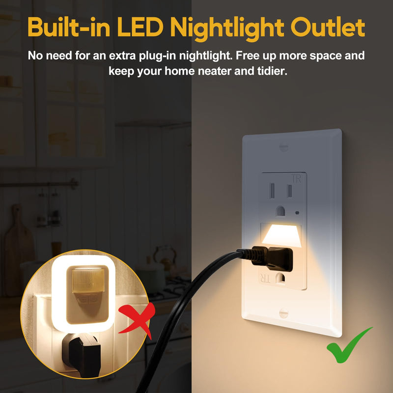 5 Pack 15A Outlet with Night Light 2-in-1, Auto Dusk to Dawn TR ETL | Tamper-Resistant Wall Outlet with Auto LED Night Light, 0.1W Energy Efficient for Bedroom Hallway Kitchen Bathroom 5