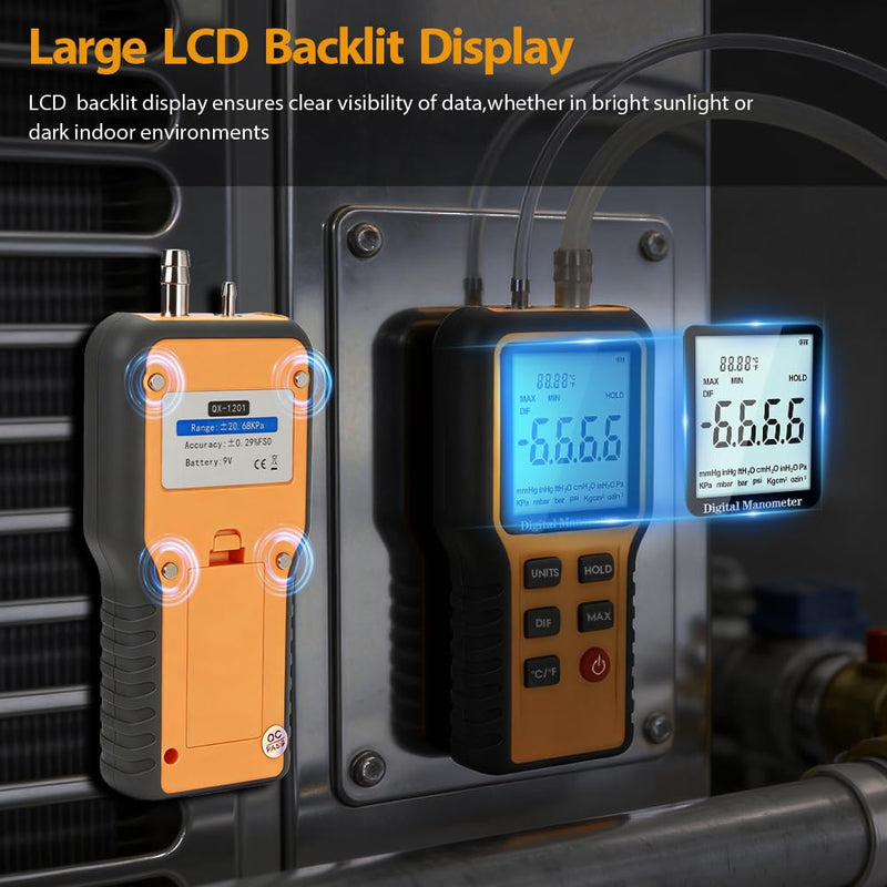 Manometer, Digital Manometer HVAC, Dual-Port Gas Pressure Tester, 12 Units Differential Pressure Gauge, Data Storage & Zeroing, Air Pressure Meter with LCD Blacklit 0.4&0.4inch
