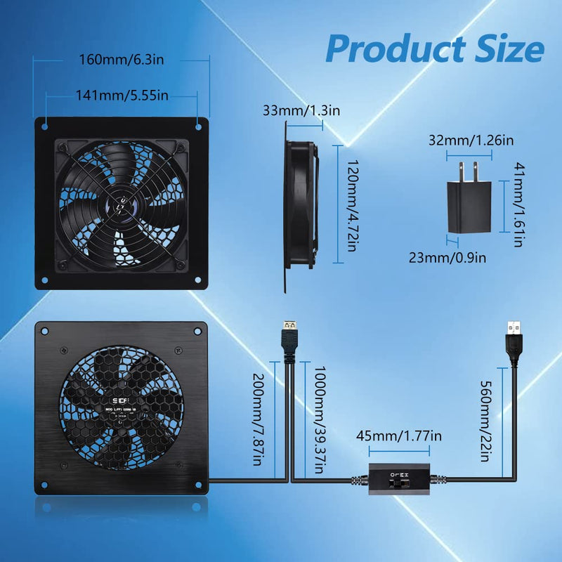 USB Cabinet 120MM Fan Quiet Cooling Fan System 6" with Speed Control, for Home Theater AV Cabinets Adapter(5V1A)+1pcs 120mm FAN Black