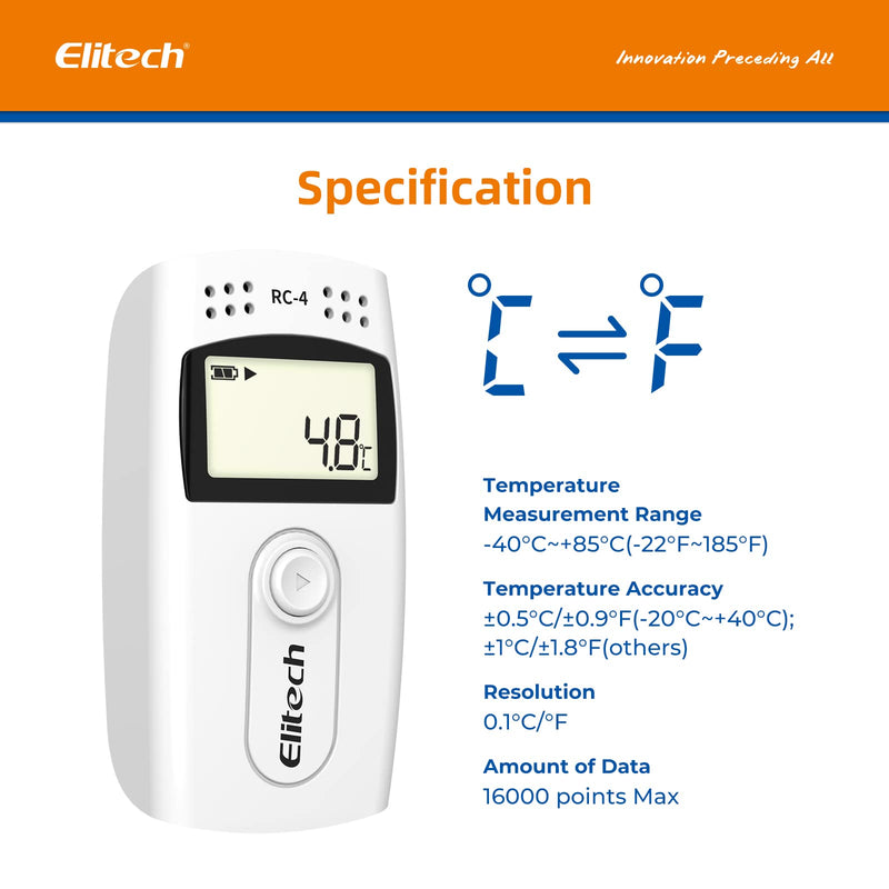 [Australia - AusPower] - Elitech Digital Temperature Data Logger Medical Refrigerator Thermometer Vaccine Fridge Temperature Monitor, RC-4 RC-4 Temp Probe 1 