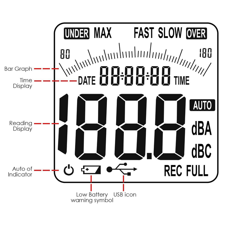 [Australia - AusPower] - Digital Sound Level Meter 30-130dB Range High Accuracy A C Weighting Data Logging 32000 Readings Fast Slow Response Backlit Display AC DC Output Portable Noise Meter 