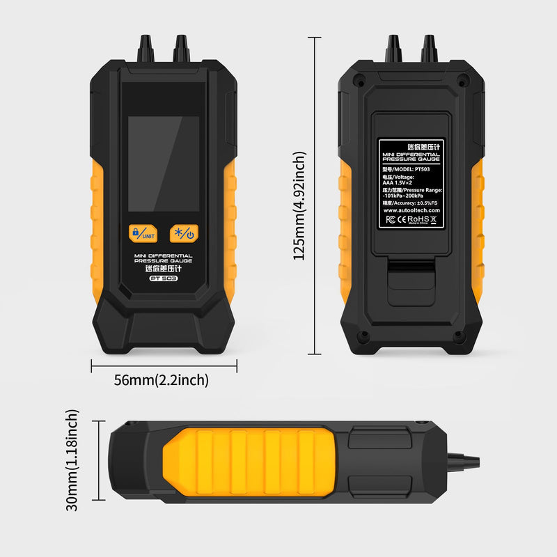 PT503 Manometer Gas Pressure Tester,Dual-Port HVAC Digital Manometer with Range of -100 to 200 KPa, 6 Units, Data Retention, 7Adapters, PT503