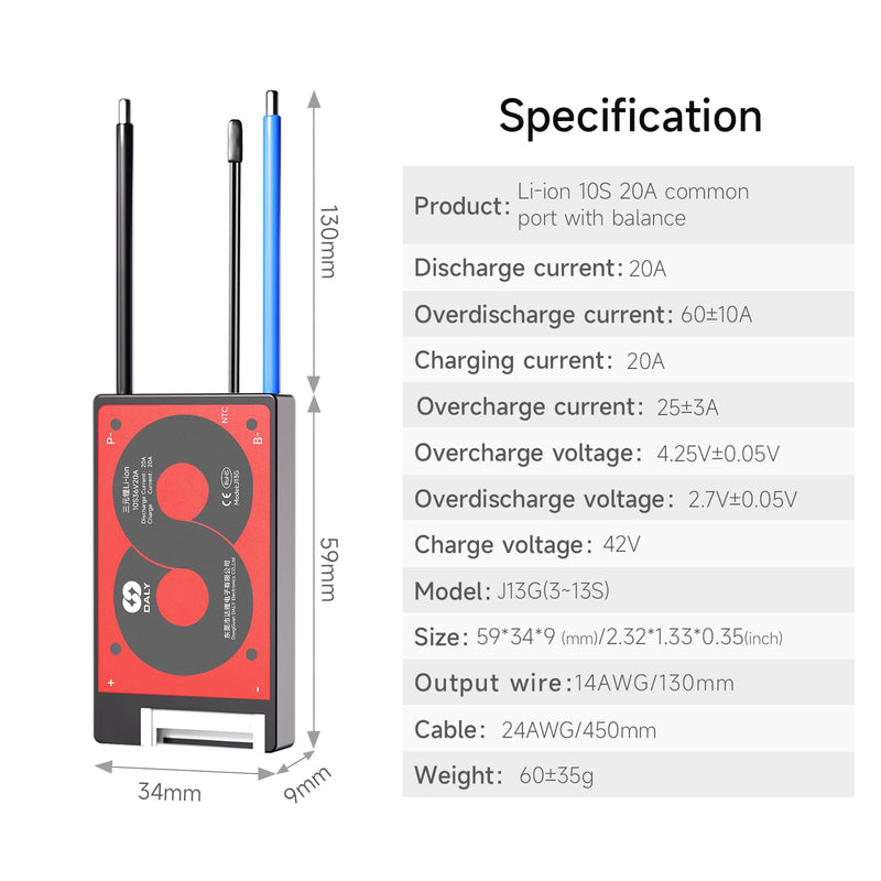 [Australia - AusPower] - DALY 3S-24S BMS 15A to 200A Protective Board with Balance Wire and Temperature Sensor for Lithium Battery Pack (Li-ion 10S 36V, 20A) Li-ion 10S 36V 20A 