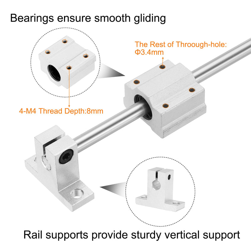 [Australia - AusPower] - uxcell 2 Pcs 8mm x 400mm Linear Motion Rail Shaft Slide Guide with 4 Pcs SCS8UU Bearings and 4 Pcs SK8 Rail Support Linear Motion Rod Shaft Guide Set for CNC Machine 3D Printer, Silver 