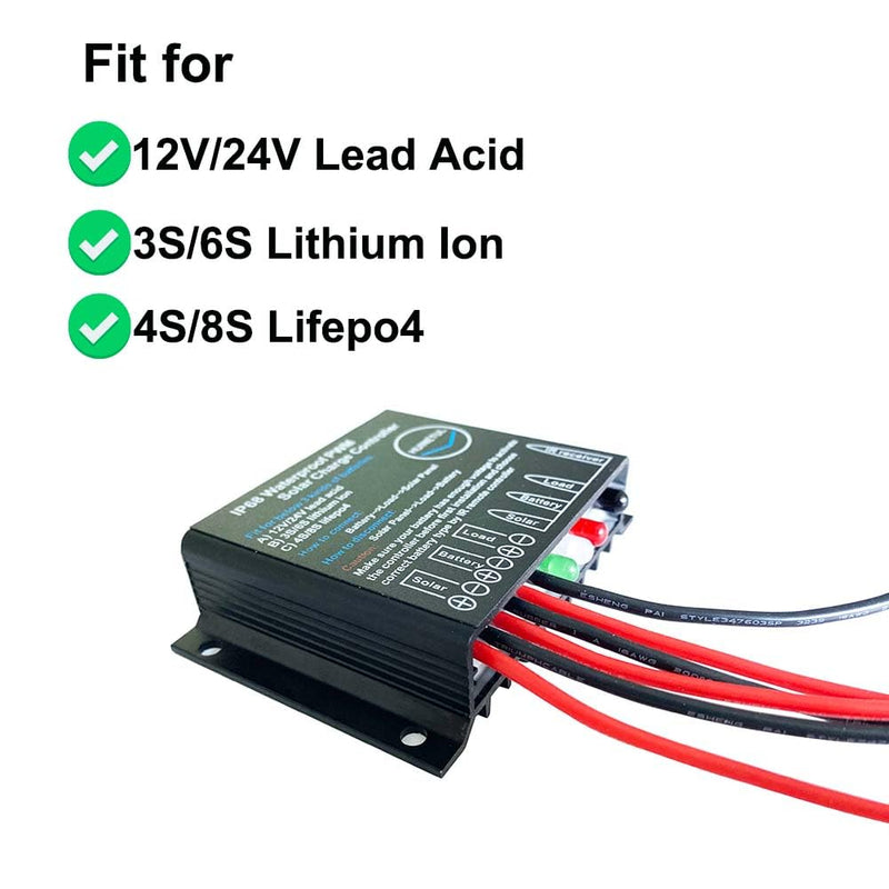 10A IP68 Waterproof Solar Charge Controller 12V 24V PWM Solar Panel Battery Charge Controller with IR Remote Control for Lithium Ion Lifepo4 Lead Acid Battery 24hrs Dust to Dawn Timer 10A controller with remote