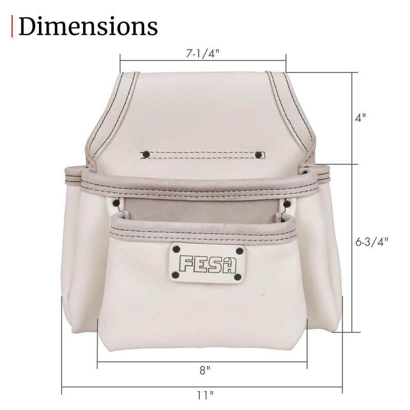 FESA 2 Pocket Nail Pouch for Tool Belts - Leather Screw Pouch with 2 Extra Large Pockets for Fasteners - Heavy Duty Rivets & Stitching - Fits Tool Belts up to 3" - Handcrafted White