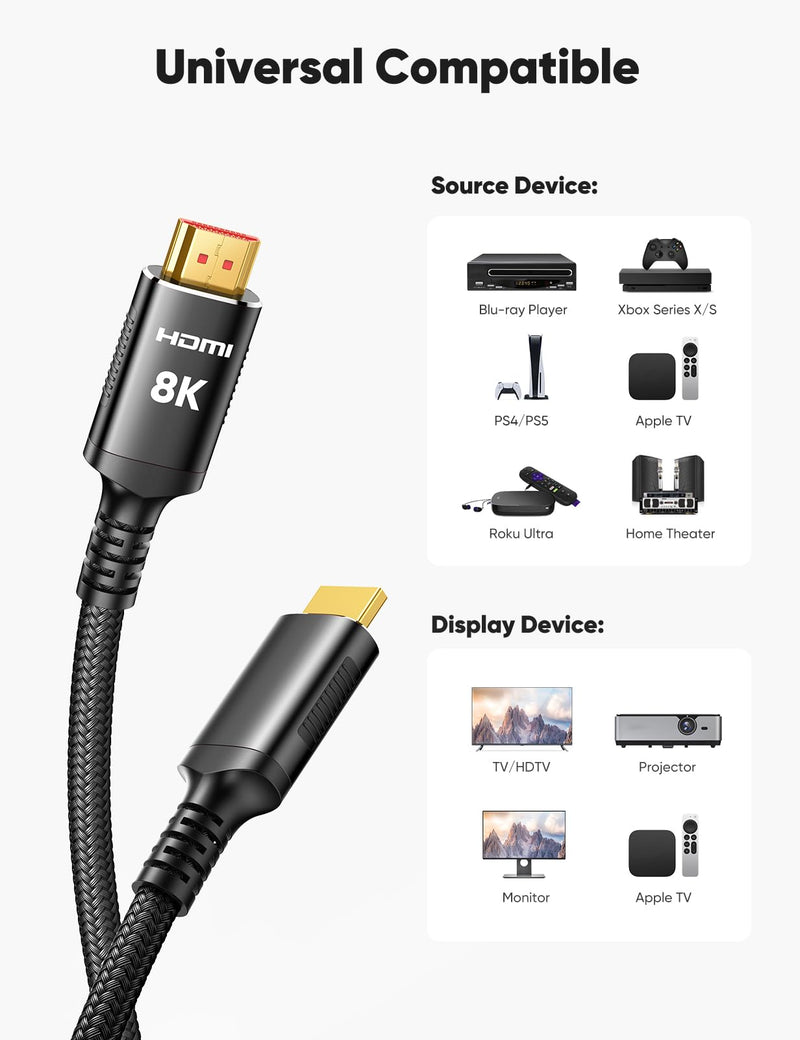 Snowkids 8K 2.1 50 FT Long Fiber Optic HDMI Cable, Unidirectional 48Gbps High-Speed HDMI Cables Cord, 4K 120Hz 144Hz Compatible for TV/Laptop/PS-5/X-box/Projector/Entertainment/Sound System & More 50feet Black 1