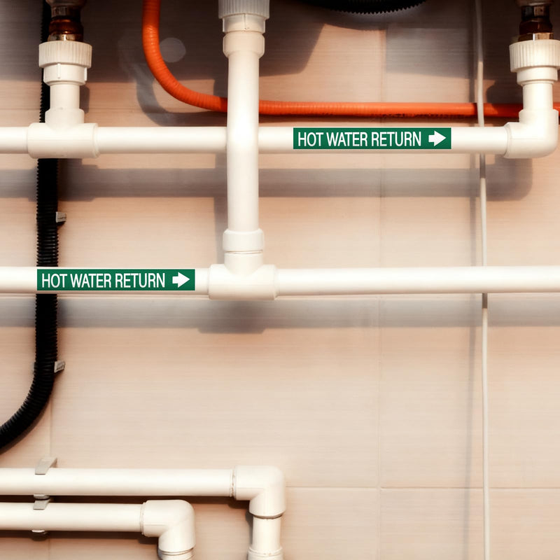 1 Roll Economy Pipe Markers - 1" Height x 8" Width Hot Water Return Pipe Labels, White On Green Pressure Sensitive Vinyl