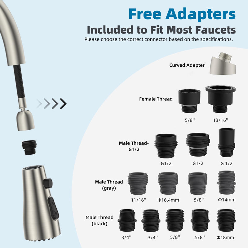 Hibbent Metal Pull Down Spray Head for Kitchen Faucet, Kitchen Sink Spray Nozzle with 15 Adapters, Faucet Head Replacement Compatible with Moen, American Standard, Delta, Kohler Faucet, Brushed Nickel Stainless Steel