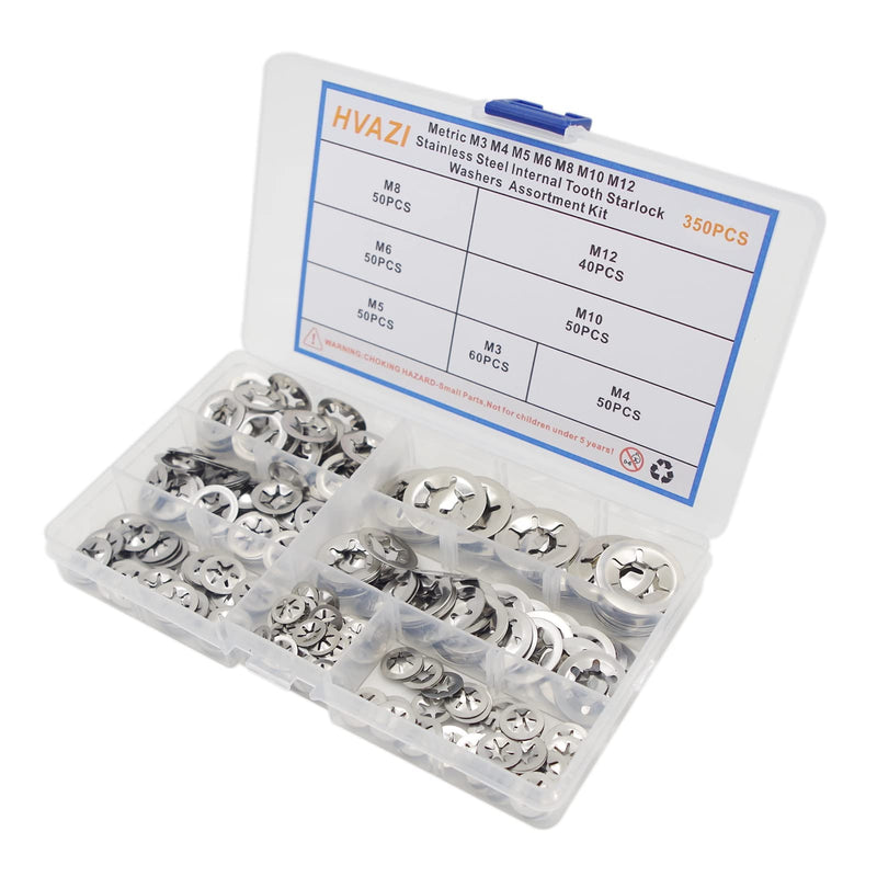 [Australia - AusPower] - 350PCS Metric M3 M4 M5 M6 M8 M10 M12 Stainless Steel Internal Tooth Starlock Washers Assortment Kit;External Push Rings;Push On Washers;Push Nuts for Unthreaded Shafts 