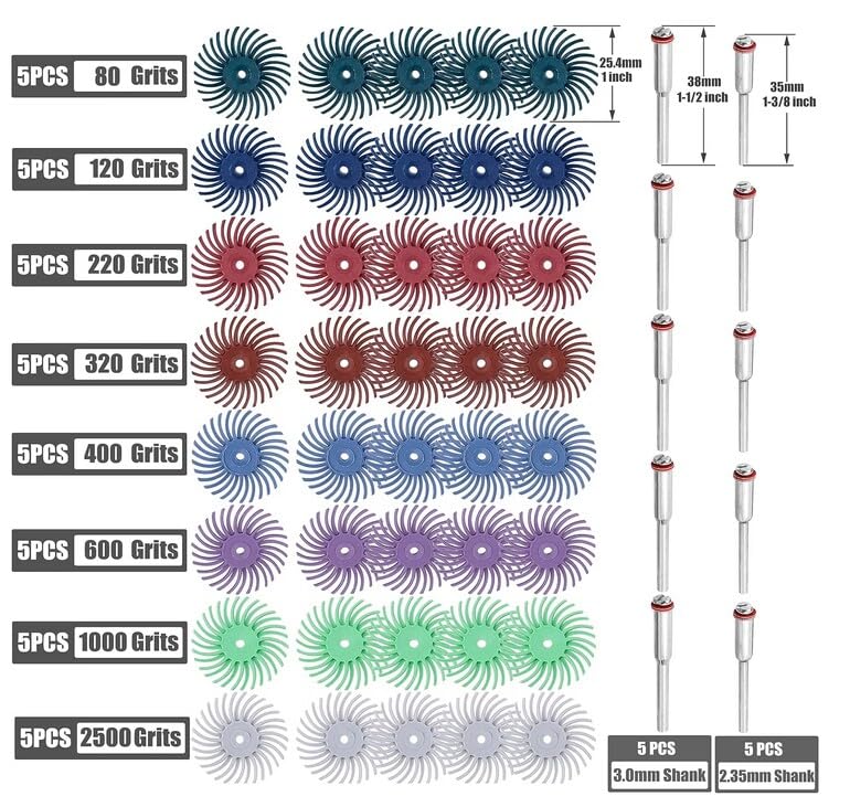 50pcs 1 Inch/ 25mm Radial Bristle Disc Set (2.35mm and 3mm Mandrels) Abrasive Brush Gap Polishing Wheel Assortment (8 Mixed Grit 80/120/220/320/400/600/1000/2500)