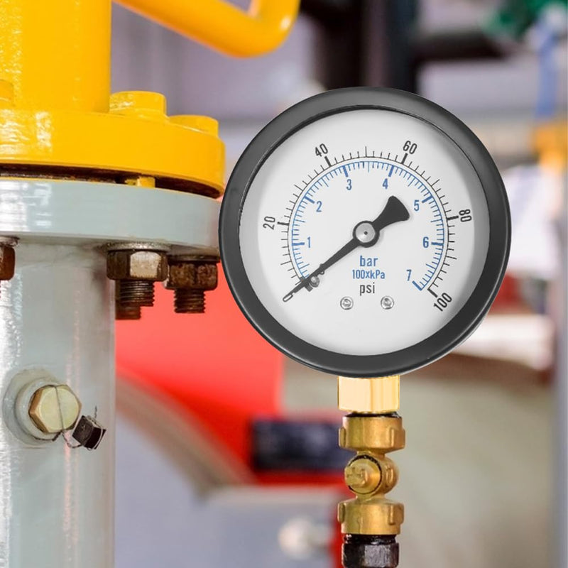 [Australia - AusPower] - Editbar Pressure Gauge 62 mm 0-7 Bar 0~100 Psi, Well Pump Pressure Gauge, Black Dial, 1/4 Inch BSP Nipple Copper Adapter with 1/2 Inch BSP and 3/8 Inch BSP Brass Socket Adapter and Teflon Strap 