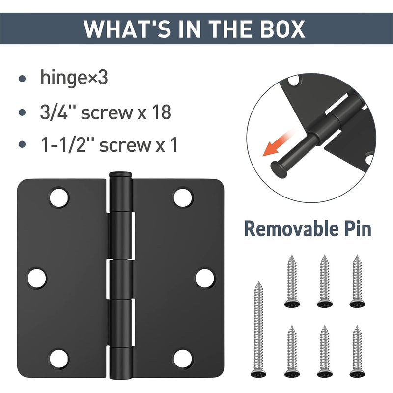 [Australia - AusPower] - 3 Pack Matte Black Door Hinges for Doors 3.5 Inch with 1/4 Radius, Interior Door Hinges, Fit Standard Door 3 Pack Matte Black-1/4 Radius 
