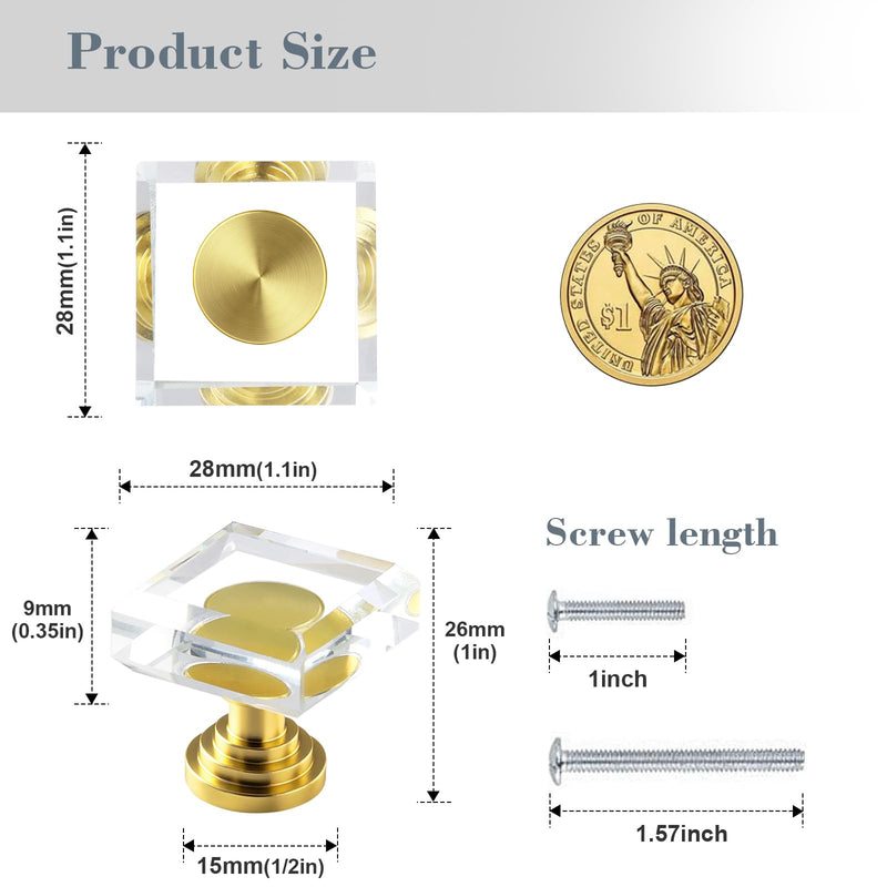 POZEAN Crystal Glass Cabinet Drawer Knobs, 12 Pack Glass Crystal Gold Dresser Knobs, 1-1/4 Inch Square Pulls Handles with Screws for Modern Kitchen Cupboard Bedroom and Bathroom Gold-Square