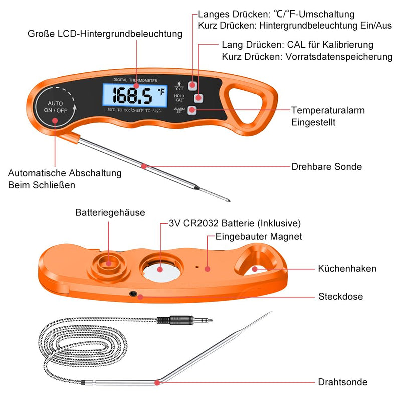 [Australia - AusPower] - CIRYCASE Double Probe Meat Thermometer, Instant Read Roasting Thermometer, Grill Thermometer, Digital Thermometer Cooking with Backlight & Magnetic Temperature Display for Kitchen/BBQ/Baking/Industry orange 