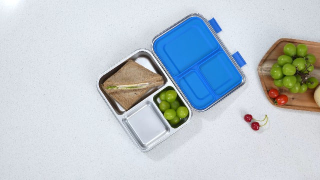 BOSEDSANG Stainless Steel Kids Leak-Resistant Bento Lunch Box, 3-Compartments with Silicone Container, Dishwasher-Safe, Child-Friendly Design for School, Picnics & Travel,BPA-Free (Blue) Blue
