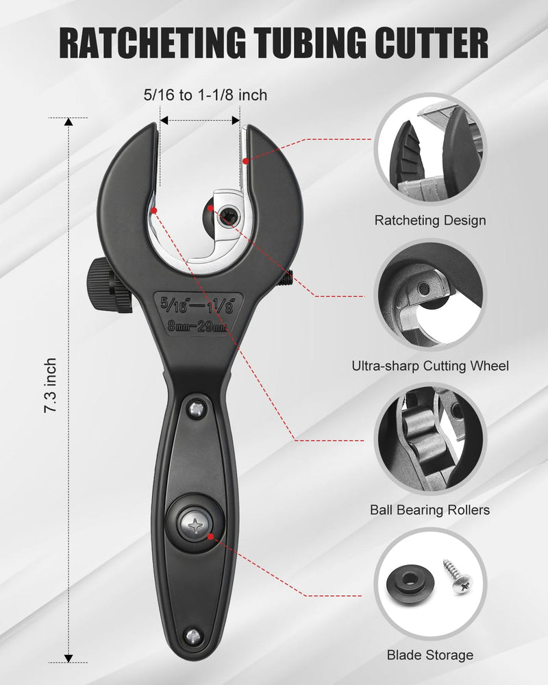 [Australia - AusPower] - 12 Pcs Ratcheting Pipe Cutter Tool Kit, Heavy-Duty Copper & PVC Pipe Cutter, Tubing Cutter 5/16" to 1-1/8", Close Quarters Tube Compact Cutter with Deburring Tools and Storage Bag for Professionals 