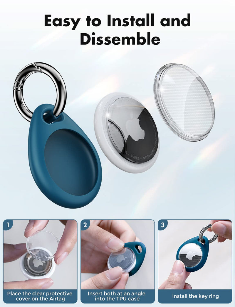 [Australia - AusPower] - UNBREAKcable Apple AirTag Holder - 4 Pack [Fit Tightly Design] [Easy to Install] [Hold Air Tag Securely] Waterproof TPU Shell Protective Case with All Metal Keychain Key Ring Clip Black & Blue 