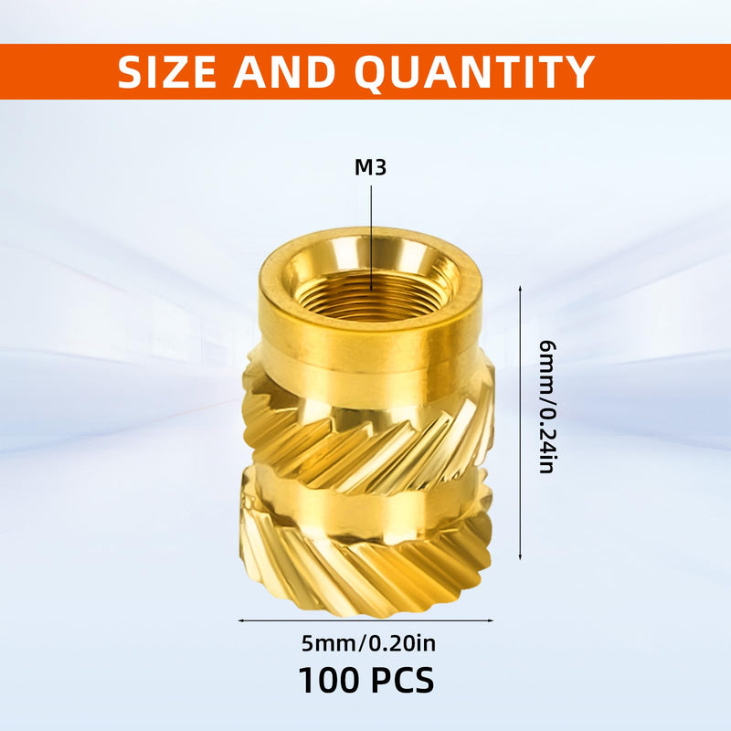 [Australia - AusPower] - M3 Threaded Inserts, M3 x 6mm x 5mm Metric knurled Nuts, 3D Printing Brass Nuts Female Threaded Inserts Brass Heat Set Insert Embedment Nut, 100 PCS 