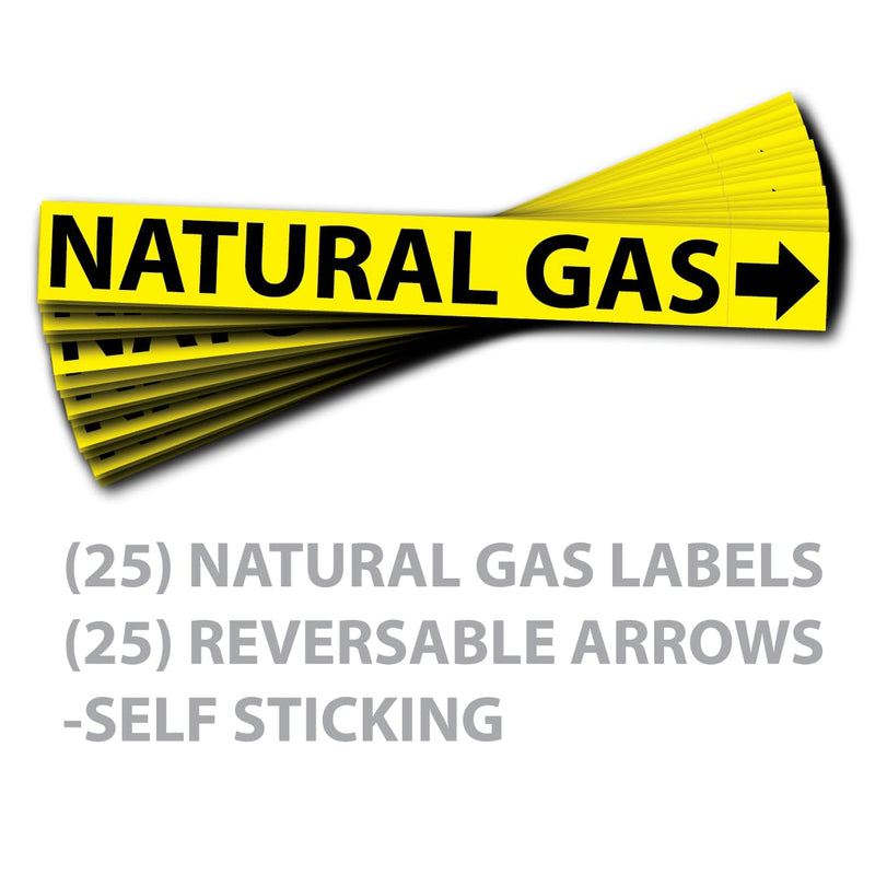 [Australia - AusPower] - (25 Pack) Natural Gas Pipe Labels Stickers with Arrows, Self Sticking 6mil PVC Natural Gas Pipe Markers for Pipes, Inspections, Detector, Regulator and Heaters (1" x 8") 1" x 8" 
