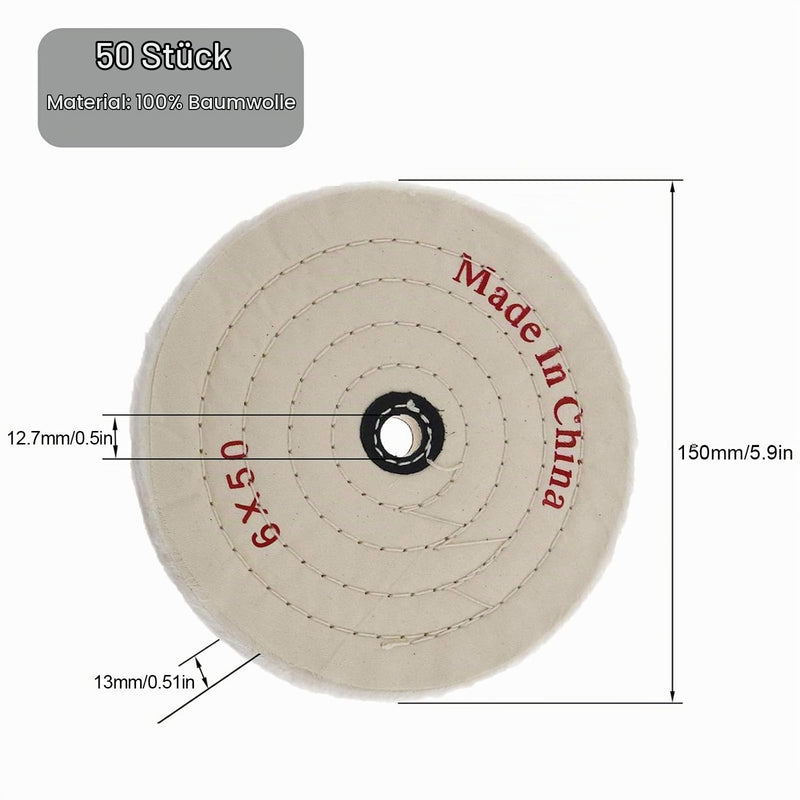 Polishing Disc, 150 mm, Pack of 2, Polishing Attachment, Cotton Buffing Disc | 50 Layers of Cotton Polishing Discs with 12.7 mm Axle Hole, for Bench Grinder, Drill, Jewelry, Glass, Metal, Wood Polishing, White