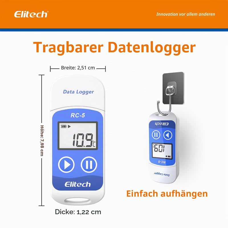 Elitech RC-5 Temperature Data Logger, IP65 Waterproof, 32000 Points Capacity - Mini USB Temperature Recorder with LCD Display, PDF/EXCEL/TXT Report for Cold Chain, Warehouse, Food, Laboratory 1 Items
