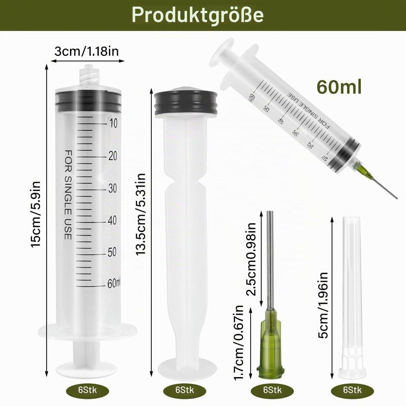 60 ml plastic syringe, 6 syringes with needle, reusable dosing syringe | Syringe with 6 needle caps, syringes for scientific laboratories, measuring liquids industry
