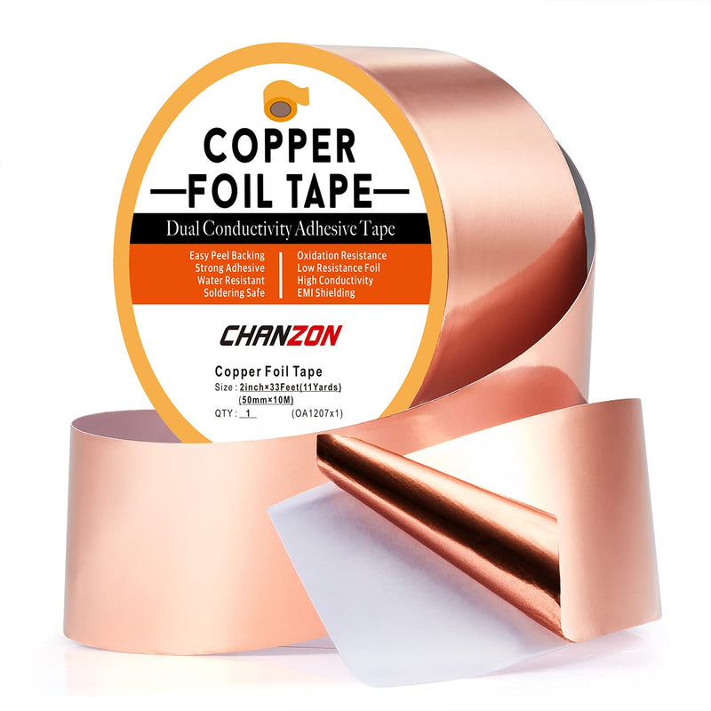 CHANZON Copper Foil Tape 50mm 2 inch x 33ft Double Sided Conductive Adhesive for Electric,Guitars,Soldering,Grounding,Repair,Crafts,Paper Circuits 7) 2inch x 33ft