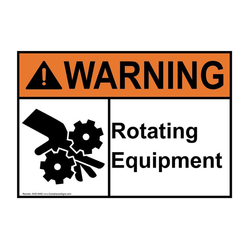 ComplianceSigns.com Warning Rotating Equipment ANSI Safety Label Decal, 5x3.5 in. Vinyl 4-Pack for Machinery Industrial Notices