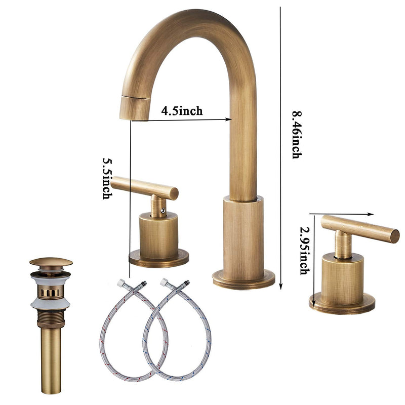 2-Handle Bathroom Faucet 3 Holes 360 Swivel Spout Antique Brass Widespread Bathroom Sink Faucet with Pop Up Drain Brass Antique