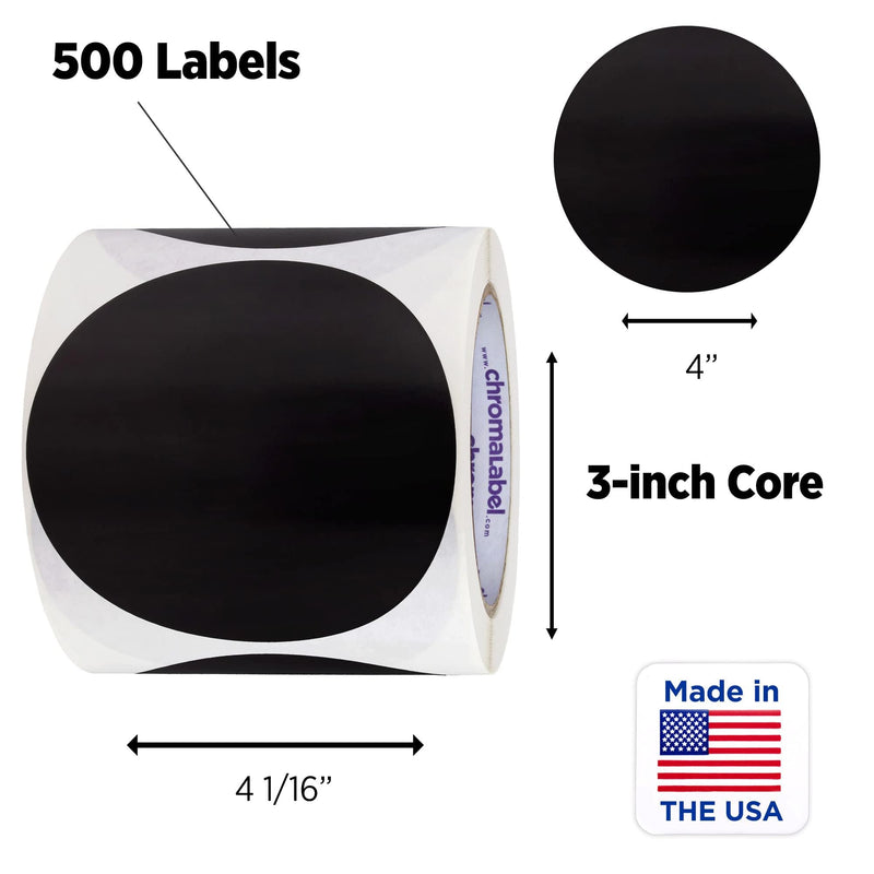 ChromaLabel 4 Inch Round Label Permanent Color Code Dot Stickers, Inventory Labels, 250 Labels per Roll, Black 4"