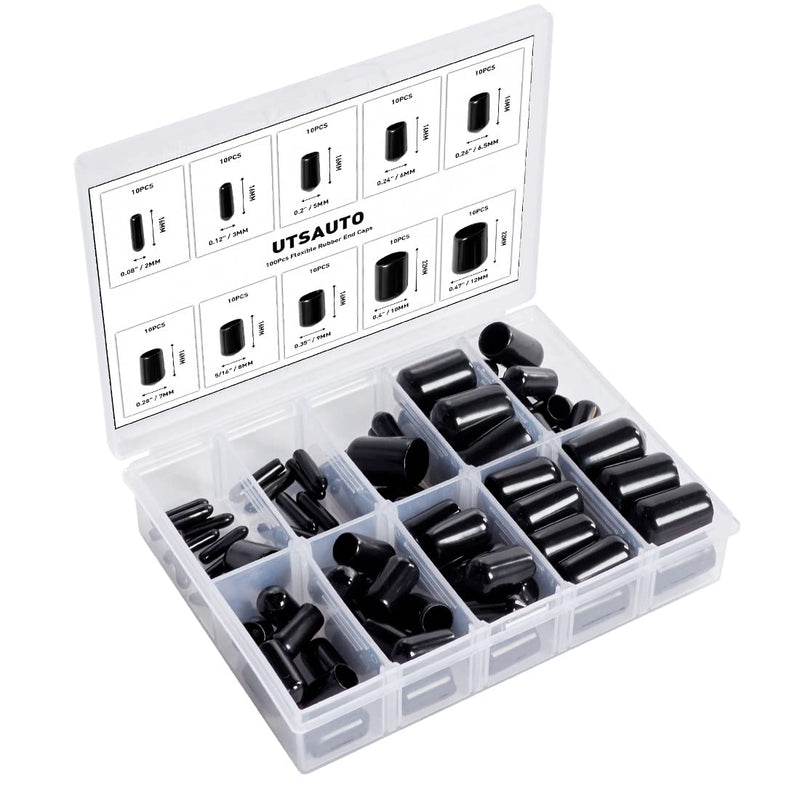 [Australia - AusPower] - UTSAUTO 100Pcs Flexible Rubber End Caps 10 Most Popular Size Round Screw Thread Protectors Black Vinyl Blot Protector Safety Caps Kit for Tube Screw Bolt (2mm,3mm,5mm,6mm,6.5mm,7mm,8mm,9mm,10mm,12mm) 