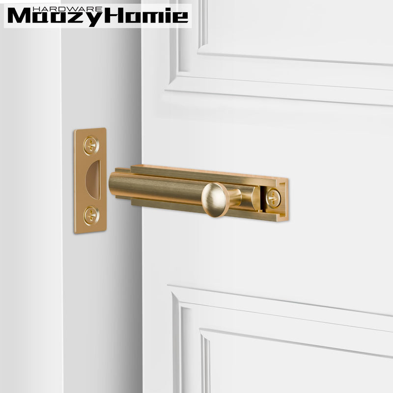 4 Inch Solid Brass Surface Bolt, Heavy Duty Concealed Slide Surface Door Bolt, Slide Bolt Latch French Door Lock with Screws for Windows Cabinet Wooden Fence Yard, Brushed Gold, 2 Pack 4 Inch Brushed Gold-2 Pack