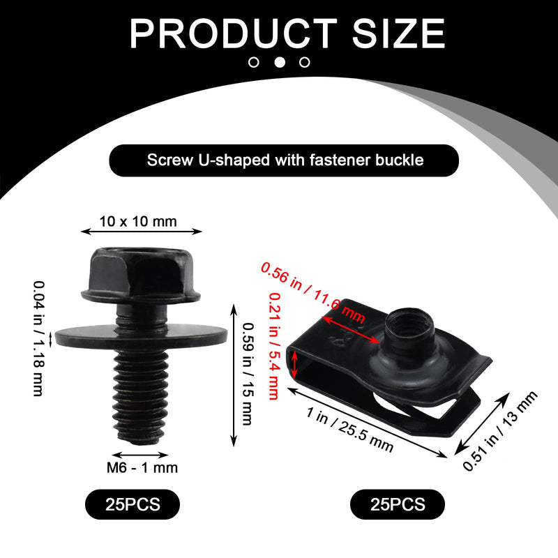 [Australia - AusPower] - 50PCS M6-1.0 Extruded U Nuts & Hex Head Body Bolts Kit for GM Ford Chevy Chrysler Jeep Dodge, Automotive Body Bolt & U-Nut Clips, Bumper Fender Liner Push Pull Metal Rust-Resistant U Retainer (Black) 