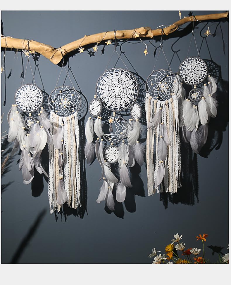 Boho Dream Catcher Wall Hanging Set of 5 Large Moon Dream Catchers with Luxurious Feathers and Beads, Handcrafted Wall Decoration for Bedrooms, Nurseries and Living Rooms (Gray)