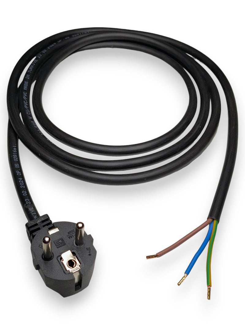 Power Cable with Ferrules, Schuko Plug 230V 16A, 2 Metres, Black | Connection cable, power cable with terminals, earthing contact cable, adapter cable, IP20 2 m