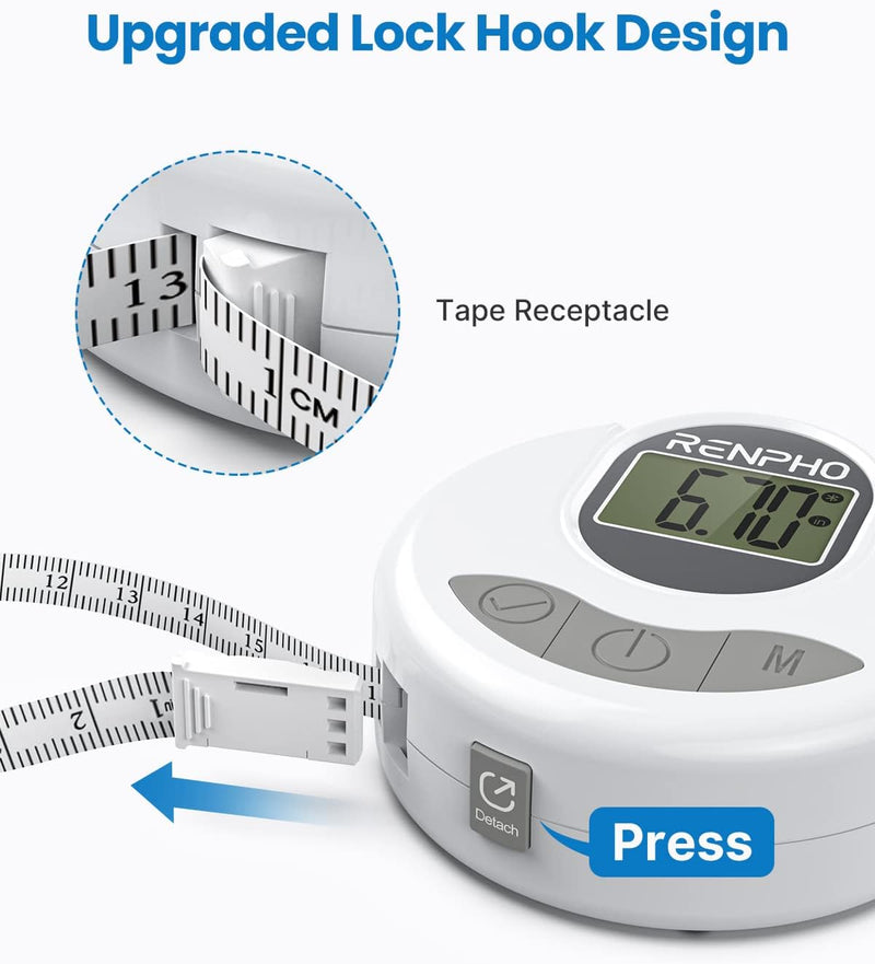 [Australia - AusPower] - Smart Tape Measure Body with App - RENPHO Bluetooth Measuring Tapes for Body Measuring, Weight Loss, Muscle Gain, Fitness Bodybuilding, Retractable, Measures Body Part Circumferences, Inches & cm 