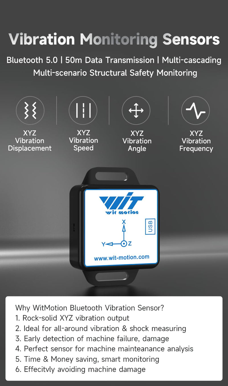 [Australia - AusPower] - [Ble Vibration Sensor ] WTVB01-BT50 Ble Wireless MPU6050 Multi-Connect Vibration Sensor, 100Hz Output 3-axis (Vibration Displacement + Vibration Speed + Vibration Angle + Vibration Frequency) 