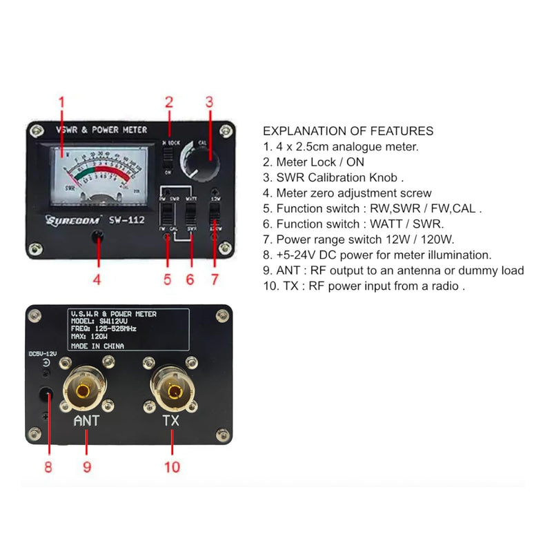 Mcbazel Surecom SW-112VU Power Meter Frequency 125-525MHz Power Range 0-120W VSWR & Power Meter, Supports 50 Ohm Forward Reflected RF Power Meter
