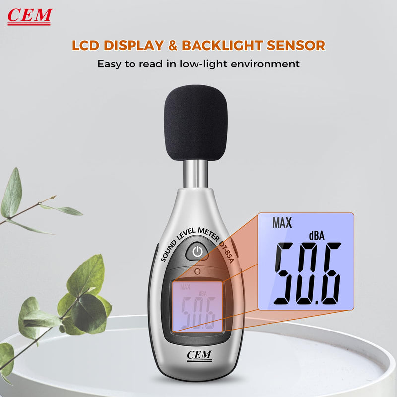 [Australia - AusPower] - Decibel Meter, CEM Digital Sound Level Meter 30 – 130 dB,31.5-8KHz,Audio Noise Measure Device Backlight MAX/MIN, Data Hold Auto Power Off Dual Ranges A Weighted for Home Factories DT-85A db Meter 