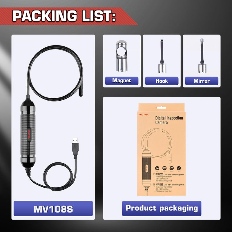 [Australia - AusPower] - Autel MaxiVideo MV108S Digital Inspection Camera, 2MP 1920x1080, Waterproof USB Endoscope, 8.5mm Ultra-Slim Borescope Snake Camera + LED Light, Work with Autel Scanner & PC, MV108 MV105S MV105 Upgrade 
