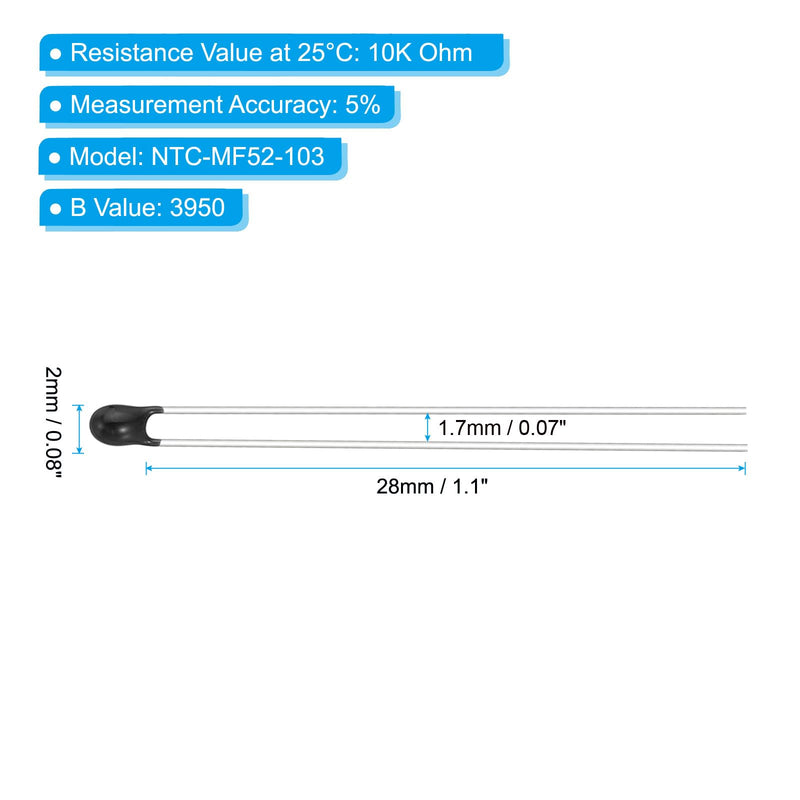 PATIKIL NTC Thermistors Resistors 100 Pieces 10K Ohm MF52-103 5% Accuracy High Sensitive Current Limiter Temperature Sensor for Measuring Temperature Black