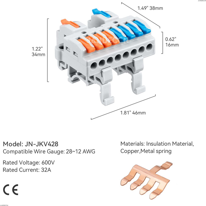 [Australia - AusPower] - 6pcs DIN Rail Terminal Blocks, DIY Splicing Wire Connectors for Circuit Inline 18-12AWG (2 in 8 out) 2 in 8 out 