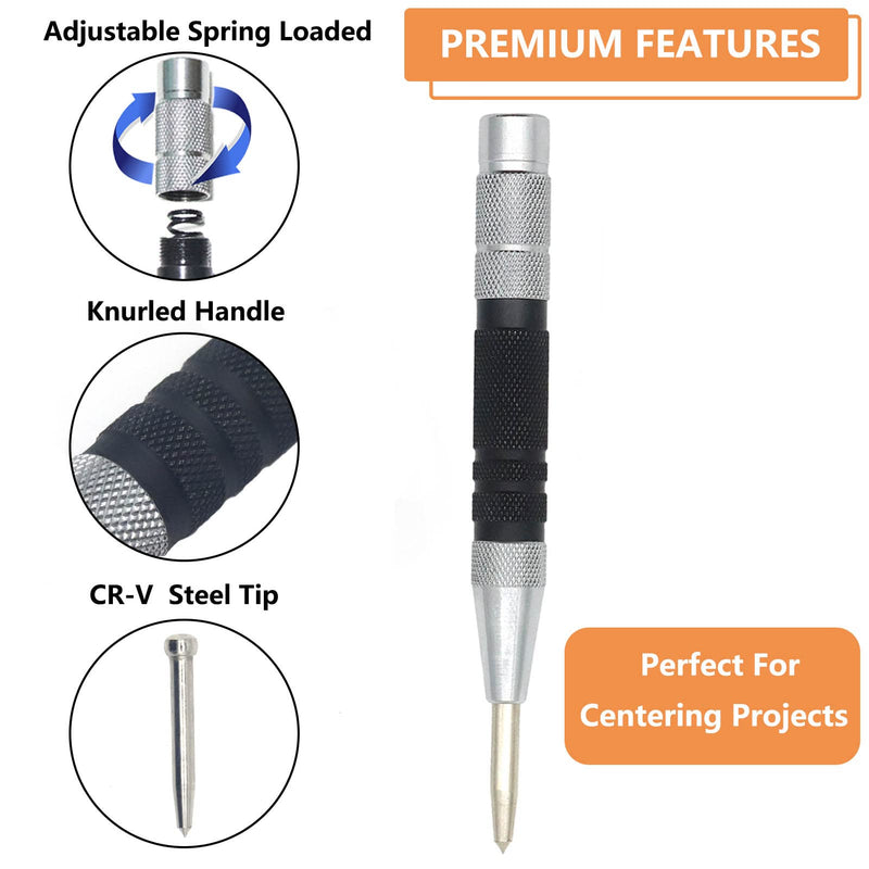 [Australia - AusPower] - 2-Piece Automatic Center Punch, 6 Inch Hardened Steel Spring Loaded Center Hole Punch with Adjustable Knurled Cap for Machinists and Carpenters 