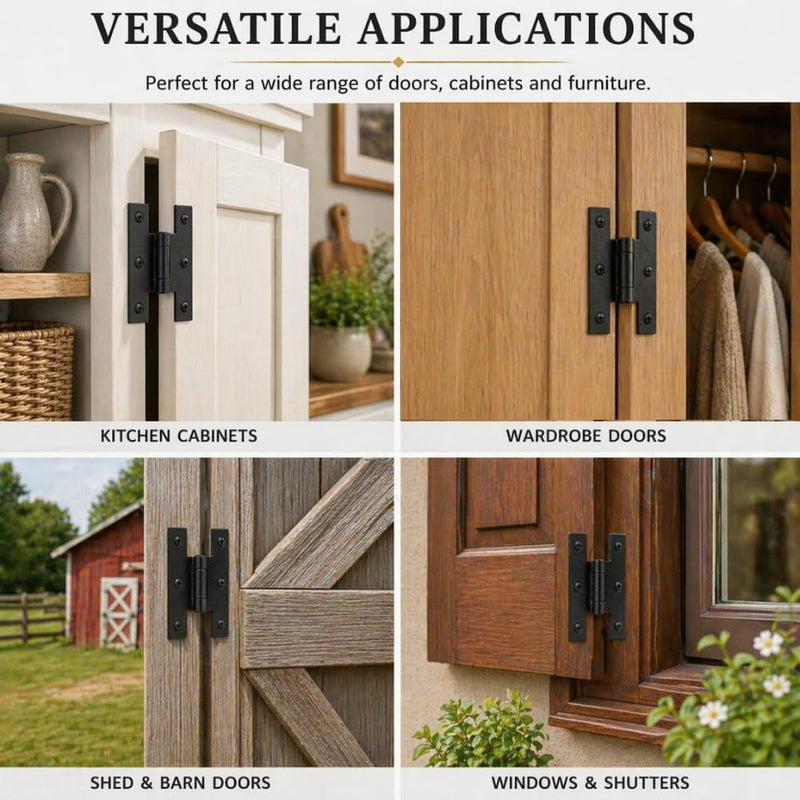 Renovators Supply Manufacturing Cabinet Hinge 3.5 in. Black Wrought Iron H Hinge with 1/4 in. Offset, Rust Resistant Hinge for Kitchen Cabinets with Hardware Pack of 2