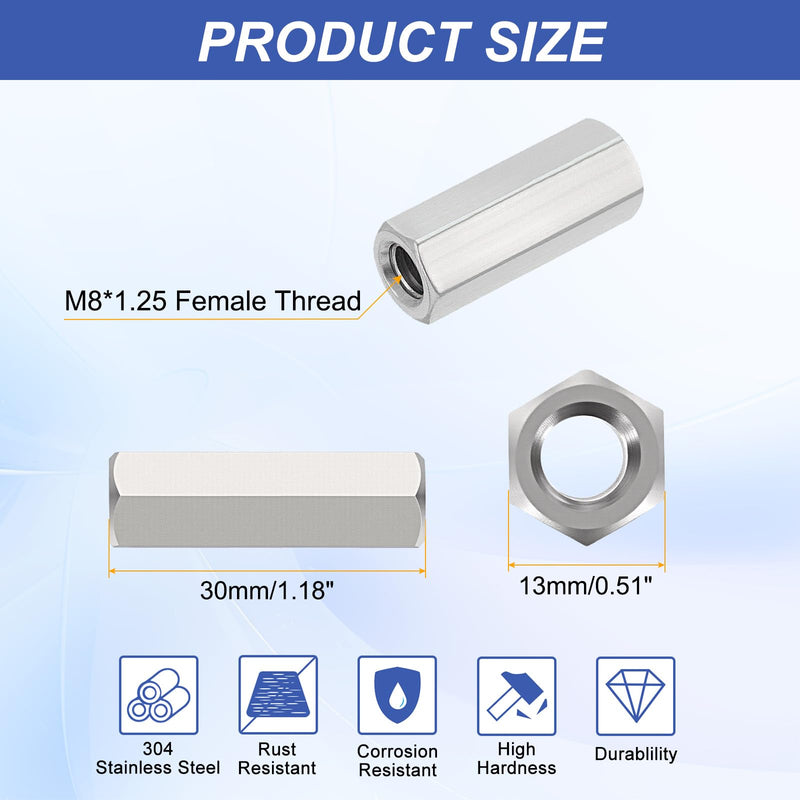 [Australia - AusPower] - Hex Coupling Nuts, M8 x 1.25-Pitch UNC 30mm/1.18" Length, 4 Pack 304 Stainless Steel Rod Coupling Nut for Threaded Rods & Studs M8-1.25 x 30mm 