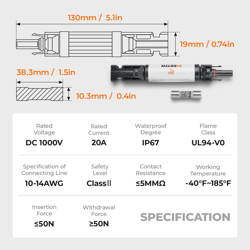 Solar Fuse Holder Fuse Inline 20Amp 1000V Fuses 20A IP67 Waterproof Connector for PV System Panels Surge Protection Device 5 Pcs 20A 5PCS