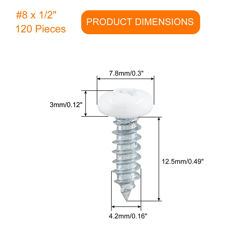 [Australia - AusPower] - 120Pcs White Screws #8 x 1/2", White Pan Head Screws Stainless Steel White Wood Screws Self-Tapping Screws Phillips Sheet Metal Screws 1/2”(12mm) 120 